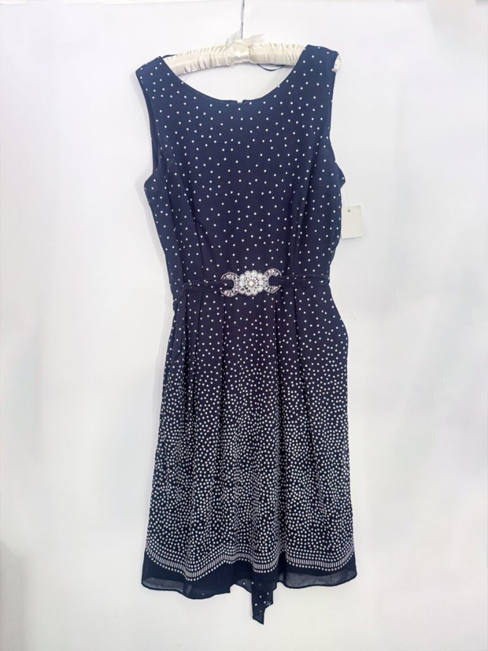 Alex Evenings Navy Polka Dot Dress Size 12 Pockets Belted